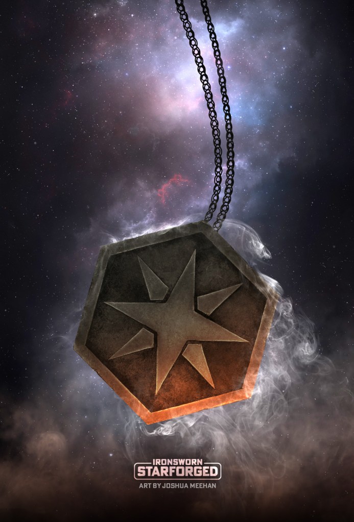 an iron trinket in the shape of a star on a chain before a cosmic backtground