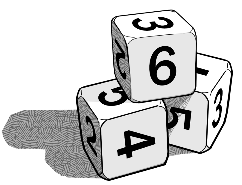Three six-sided dice stacked on top of each other in a pyramid shape.