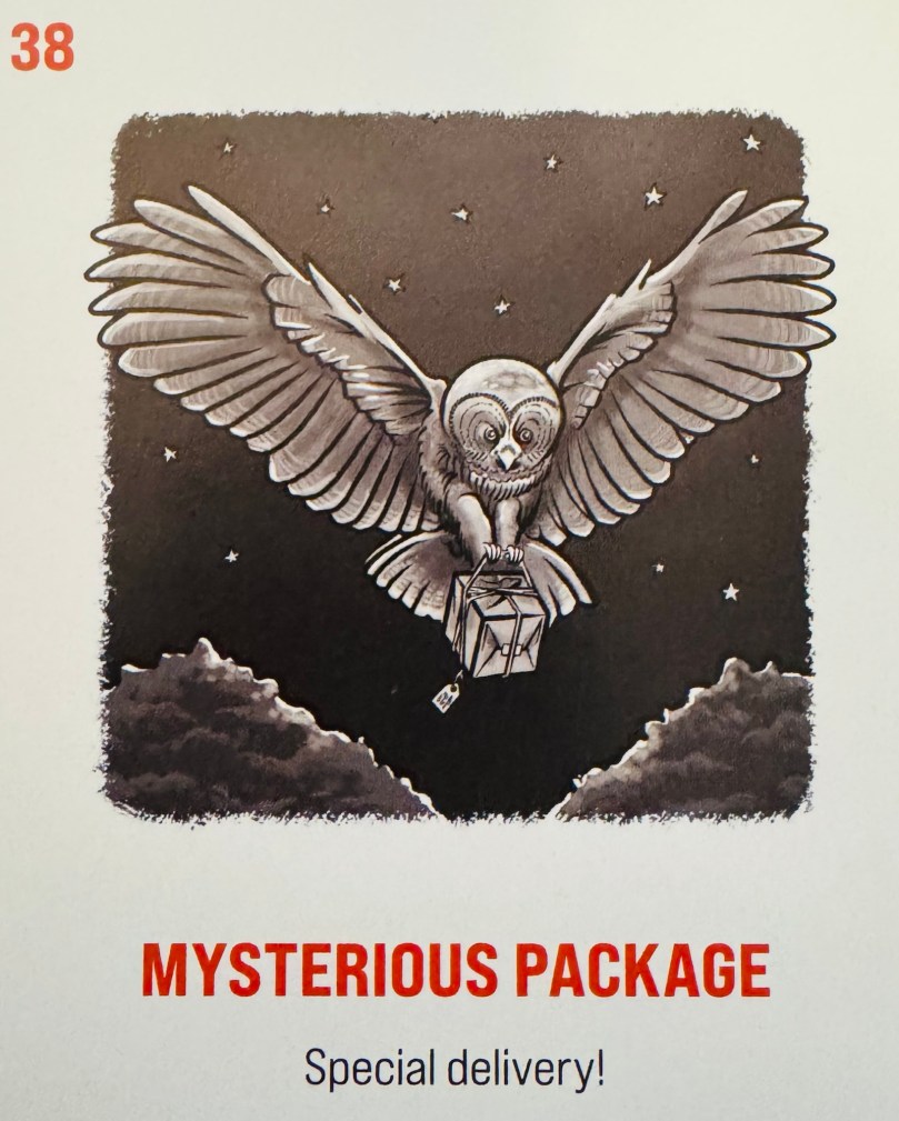 Card #38: Mysterious Package. The caption reads: "Special delivery!" The image shows an owl flying before a star-filled sky while carrying a wrapped box.