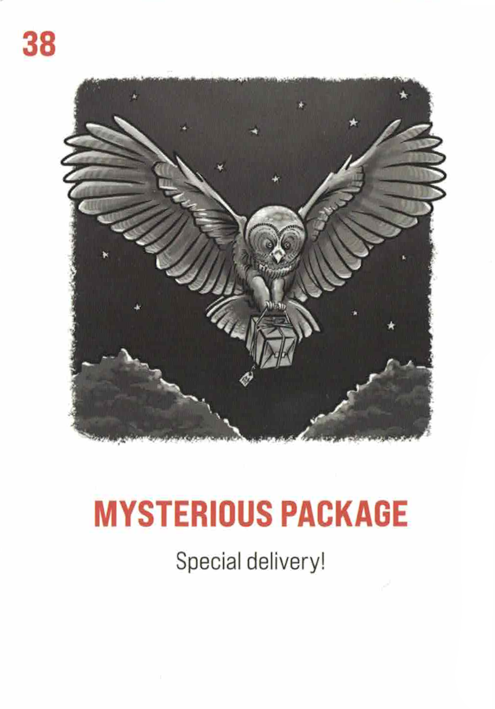 Card# 38: Mysterious Package. Subtitle: Special delivery! An owl carries a wrapped packaged before a clear night sky.