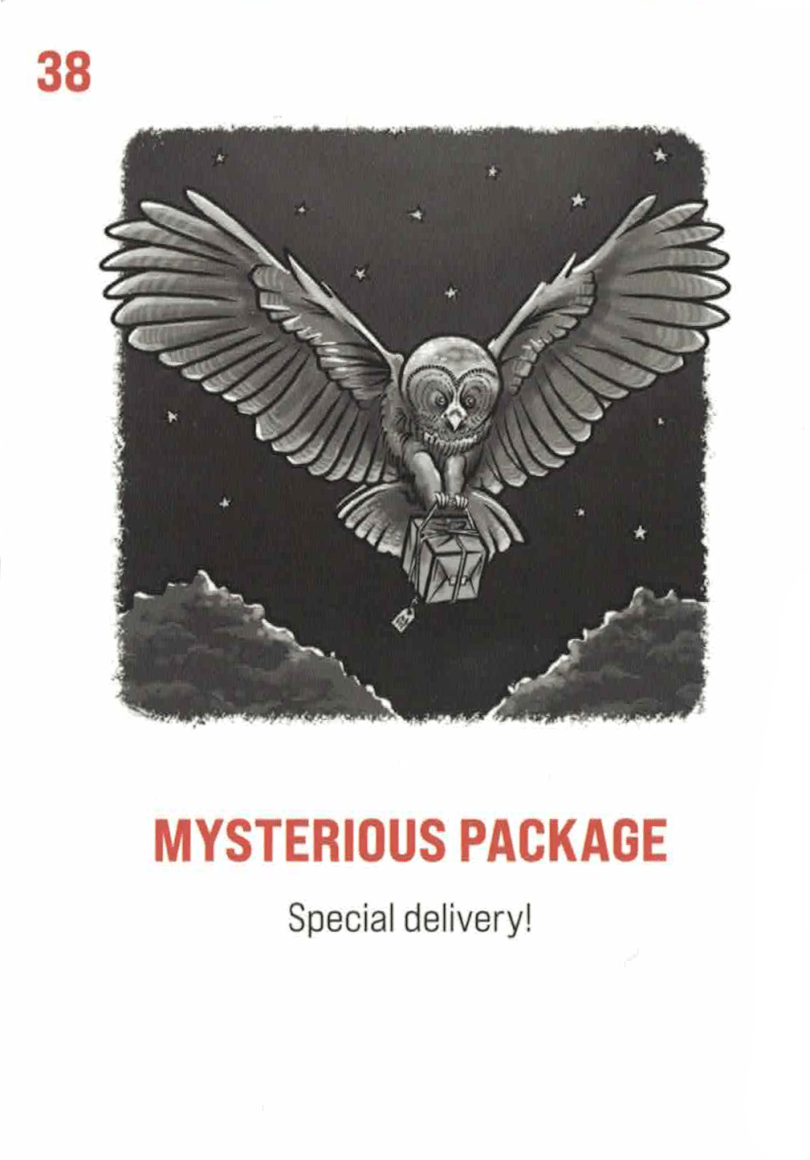 Card# 38: Mysterious Package. Subtitle: Special delivery! An owl carries a wrapped packaged before a clear night sky.